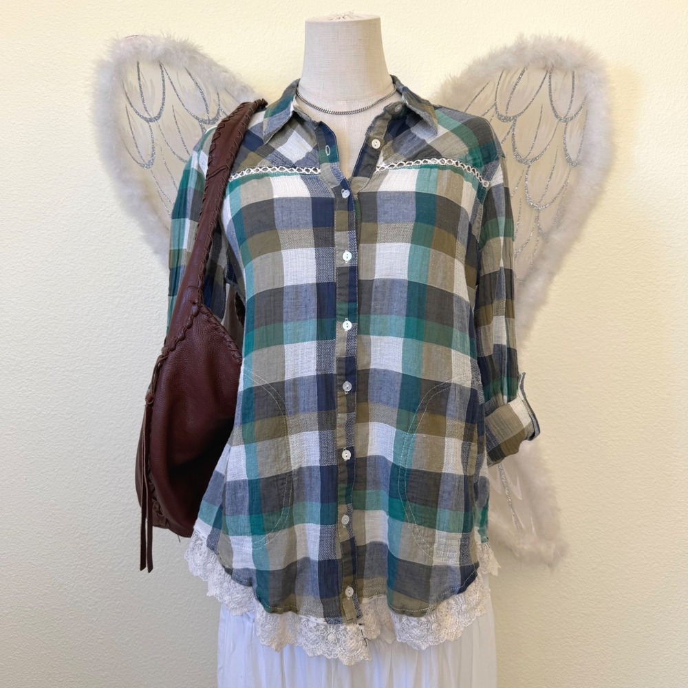 Girly Grunge Indie Plaid Flannel Shirt Lace Trim Button Up Teal Olive Roll Tab‎